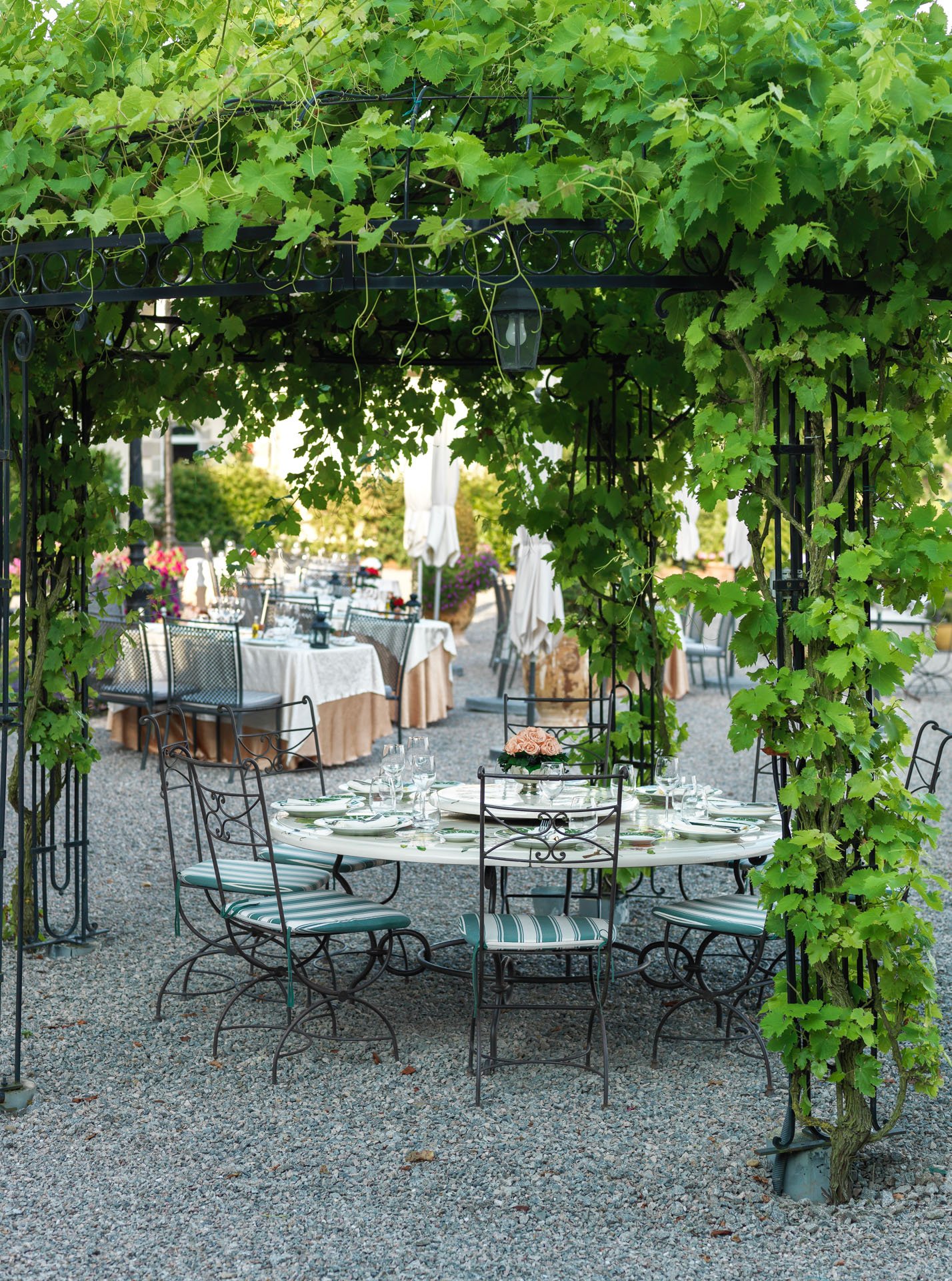 Outdoor tables and chairs beneath a leafy pergola
