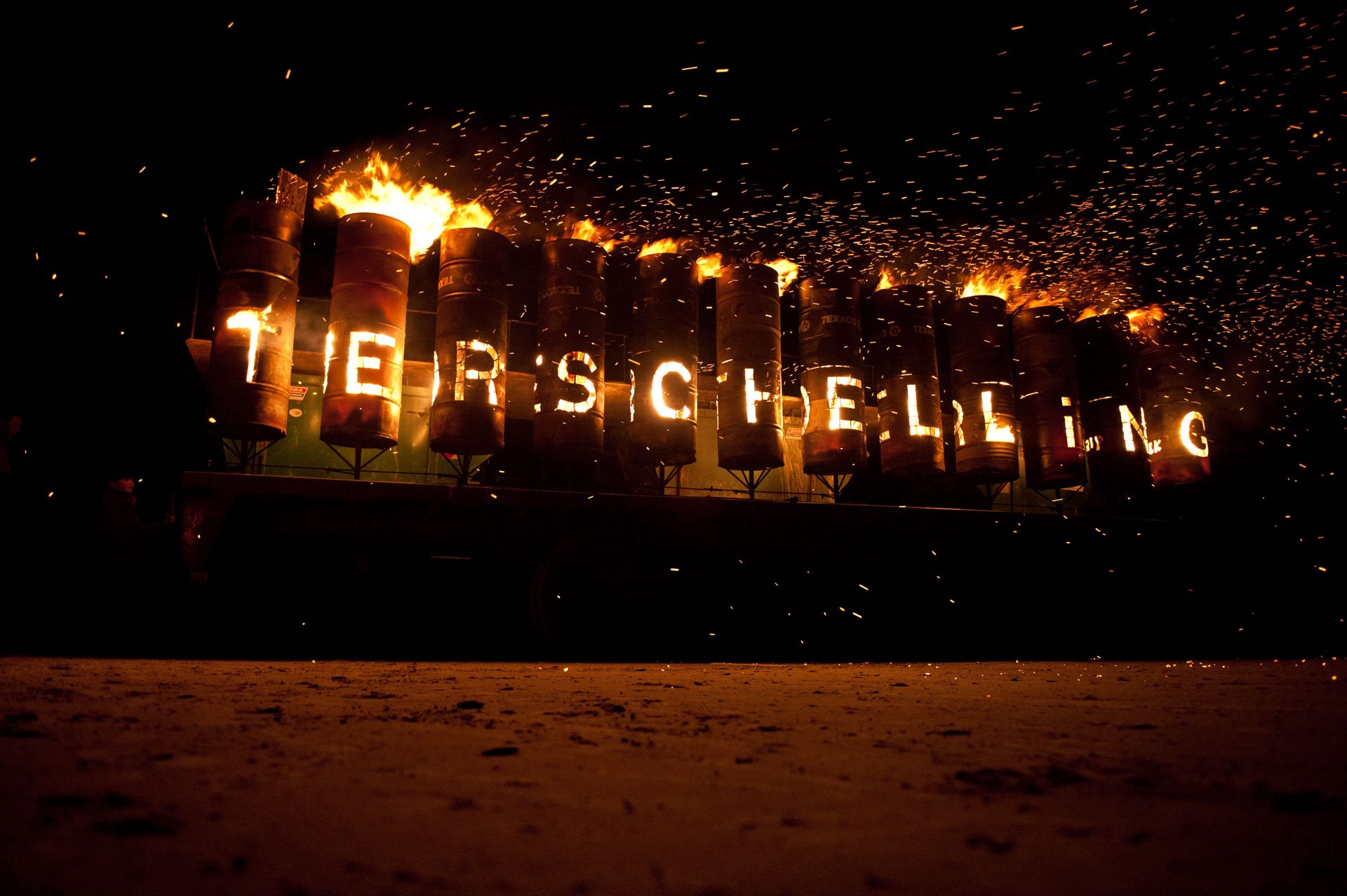 Illuminated Terschelling lettering at night